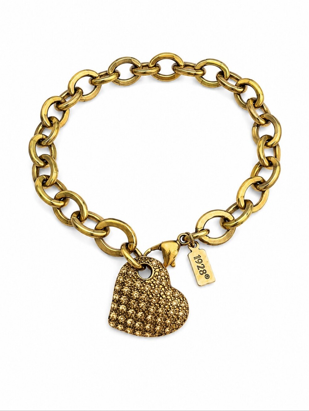 1928 Rhinestone Paved Heart Oval Chain Bracelet